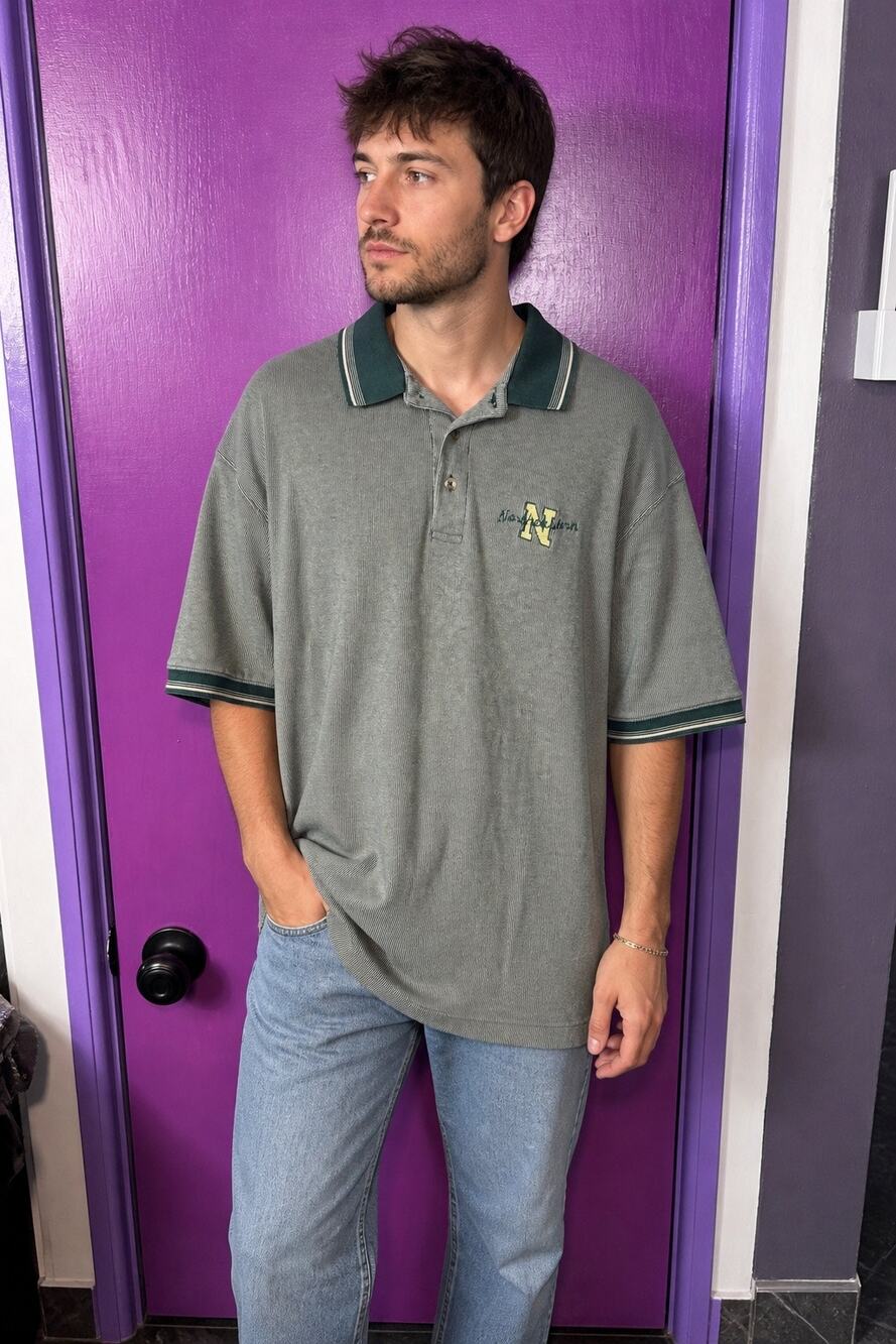 Vintage Next Level Northwestern Wildcats Polo Shirt Mens M Grn Stripe Embroidery